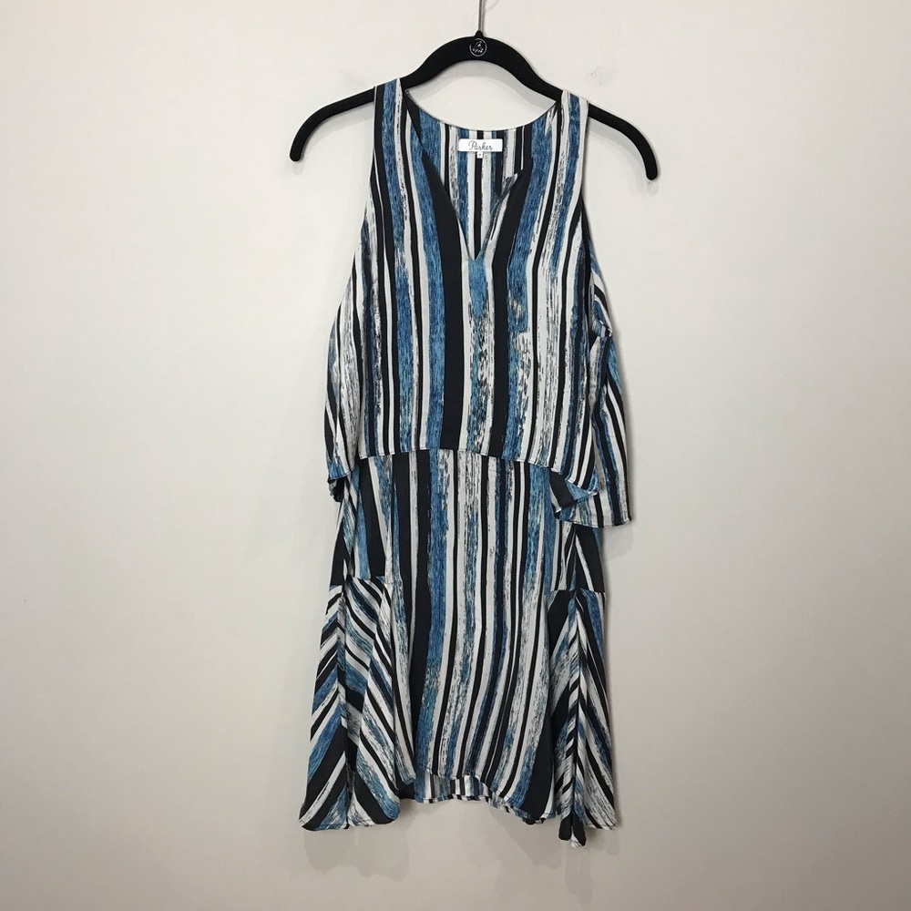 Parker silk dress blue black and white stripes.
